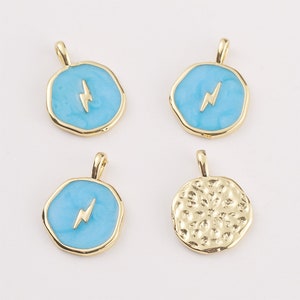 6pcs Real Gold Plated Lightning Charm, Blue Enamel Lightning Pendant, Disc Tag Charm,Jewelry Accessories, Nickel Free,high-quality image 2