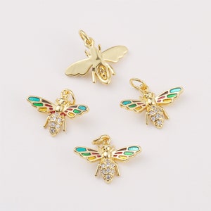 6pcs Real Gold Plated Enamel Bee Charm, Zircon Bee Pendant, cz Pave Animals/ Insects Charm,Jewelry Accessories, Nickel Free,high-quality image 2