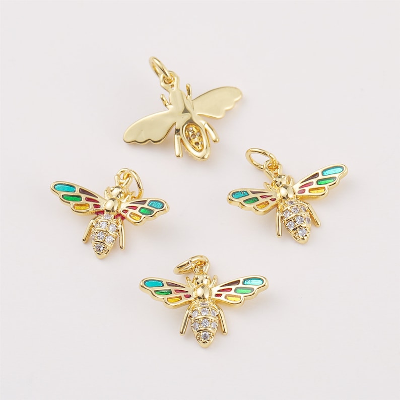 6pcs Real Gold Plated Enamel Bee Charm, Zircon Bee Pendant, cz Pave Animals/ Insects Charm,Jewelry Accessories, Nickel Free,high-quality image 2