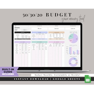 50 30 20 Budget Spreadsheet, Simple Budget Planner, Monthly Budget Template, Google Sheets, Paycheck Budget, 70 20 10 Weekly Budget Tracker