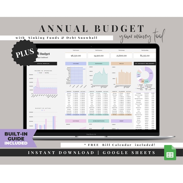 Budget Planner, Annual Budget Spreadsheet, Google Sheets, Budget Template, Personal Finance, Monthly Budget Spreadsheet, Budget Tracker