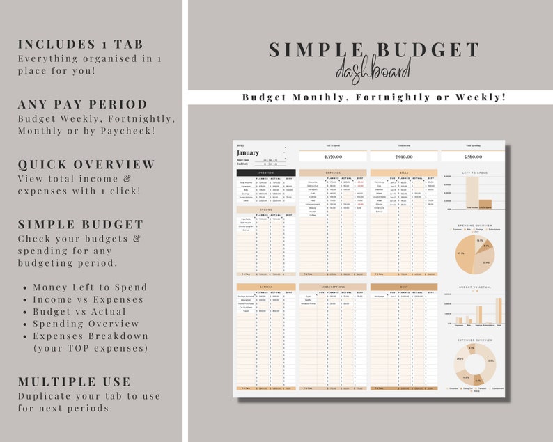 Simple Monthly Budget Planner, Google Sheets Budget Template, Bi Weekly ...