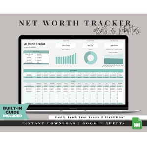 Nettowaarde-tracker-spreadsheet, Google Spreadsheets, nettowaardecalculator, sjabloon persoonlijke financiële planner, activatracker, activa en passiva
