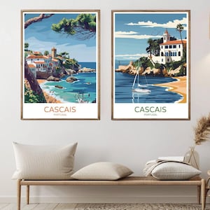 Cascais Portugal Reise Poster Cascais Natur Meer Berge Leinwand Druck Vintage Reise Poster Wand Dekor Designer Illustration Druck