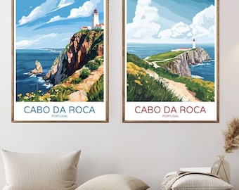 Cabo Da Roca Portugal Cartel de viaje Cabo Da Roca Naturaleza Océano Lienzo Impresión Vintage Cartel de viaje Decoración de pared Diseñador Ilustración Impresión