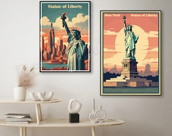 Statue of Liberty Vintage Travel Poster: New York Illustration Art Print