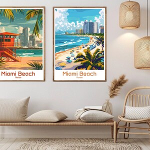 Miami Beach Florida Poster Carta da viaggio Stampa Skyline Miami County Miami Beach Tela Vintage Travel Art Poster da parete USA Illustrazione Regalo