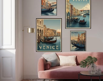 Venice Travel Poster: Retro Art Deco Gondolas, Rialto Bridge