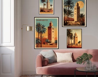 Retro Marrakech Morocco Travel Poster With Koutoubia Mosque And Desert Palms Vintage Art Deco Warm Earthy Wall Art
