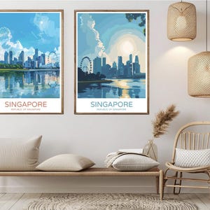 Poster Skyline di Singapore Carta da viaggio Stampa Singapore Island Asia Tramonto Tela Vintage Poster da viaggio Arte Parete Singapore Illustrazione Regalo