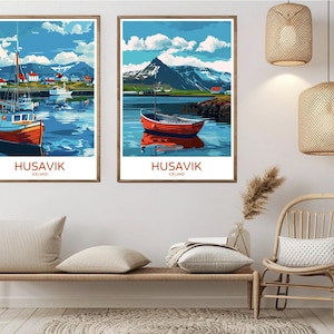 Húsavík Islanda Poster Carta da viaggio Stampa Islanda Skjálfandi Húsavík Costa Tela Vintage Viaggio Art Poster da parete Islanda Illustrazione Regalo