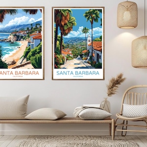 Santa Barbara California Poster Digital Print Santa Barbara Beach USA Vintage Travel Poster Wall Art Decoration Illustration Gift Home Decor