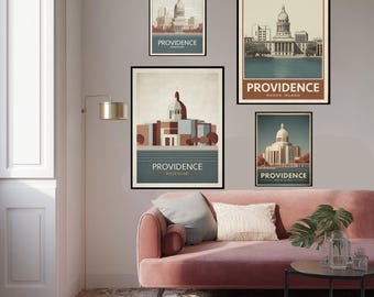 Providence Rhode Island Travel Poster Art Print, Vintage Art Deco Art, Rhode Island Home Decor, Retro Providence Gift, City Skyline Print