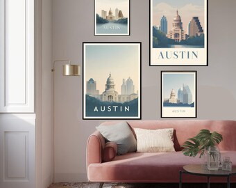 Scandinavian Minimalist Austin Travel Poster Texas City Skyline Wall Art Soft Pastel Modern Print Clean Lines Cozy Nordic Design