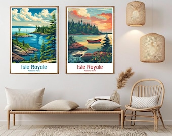 Plakat z Parku Narodowego Isle Royale: zabytkowy wydruk artystyczny z podróży po Michigan