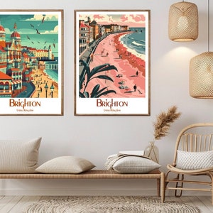 Cartaz de viagem em tela de Brighton, Reino Unido, praia da cidade de Brighton, pôster de viagem vintage, decoração de casa, ilustração de aventura, presente