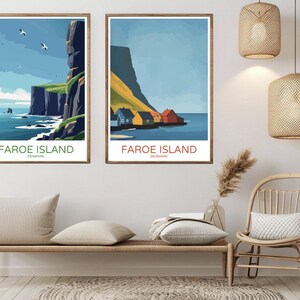 Póster de viaje de Dinamarca, Islas Feroe, impresión en papel, Sørvágsvatn, Océano Atlántico, lienzo, póster de viaje vintage, ilustración de Dinamarca, regalo