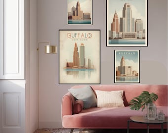 Pôster retrô de viagem de Buffalo, Nova York, pôster artístico para parede da Prefeitura de Buffalo, decoração vintage do oeste de Nova York, presente com herança art déco de Buffalo, NY