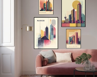 Póster de viaje de Nairobi: Impresión artística geométrica del horizonte - Estilo Bauhaus