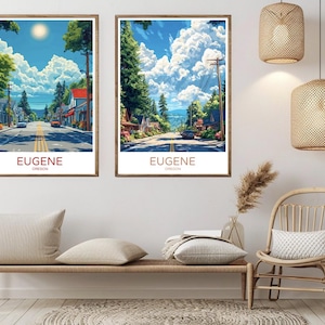 Eugene Oregon Poster Travel Paper Print Eugene Skyline Lane County Willamette Canvas Vintage Travel Art Poster Wall USA Illustration Gift