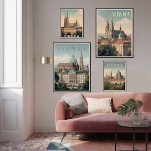 Vienna Retro Travel Poster In Vintage Art Deco Style With St. Stephen’s Cathedral And Schönbrunn Palace, Classic Nostalgic Wall Art Print