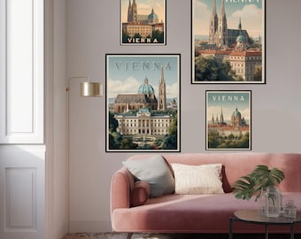Vienna Art Deco Travel Poster: St. Stephen's Cathedral & Schönbrunn Palace