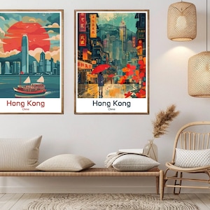 Hong Kong Poster Travel Print China Hong Kong Canvas Vintage Travel Poster Wall Decor Hong Kong China Illustration Gift