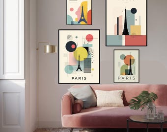 Paris France Travel Poster Art Print, Modern Color Blocking Wall Art, Abstract City Decor, Bauhaus Style Gift, Minimalist Paris Landmark Art