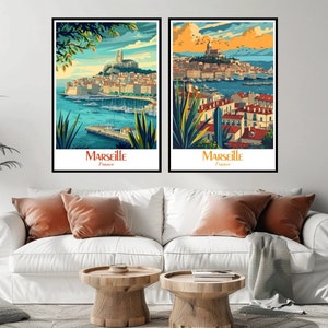 Cartel de viaje de Marsella Francia Puerto de Marsella Lienzo Impresión Vintage Cartel de viaje Decoración de pared Diseñador Francia Marsella Ilustración Impresión