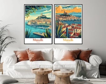 Marseille France Vintage Travel Poster: Port Illustration Art Print