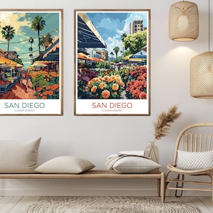 San Diego Flower Market California Poster Travel Paper Print San Diego Beach Canvas Vintage Travel Art Poster Wall USA Illustration Gift