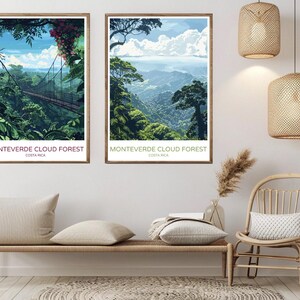 Póster de viaje del Bosque Nuboso de Monteverde, Costa Rica: Impresión de arte mural vintage