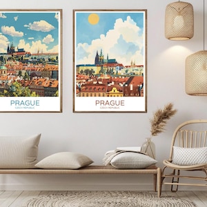 Prague Skyline Poster Travel Paper Print Prague Charles Bridge Canvas Vintage Travel Art Poster Wall Czech Republic Illustration Gift