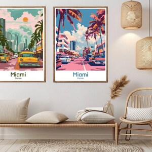 Miami City Florida Poster Carta da viaggio Stampa Skyline Miami County Miami Beach Tela Vintage Travel Art Poster da parete USA Illustrazione Regalo