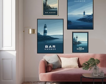 Bar Harbor Maine Poster Coastal Maine Art Maine Print Travel Wall Decor Minimalist Design Ocean Town Gift