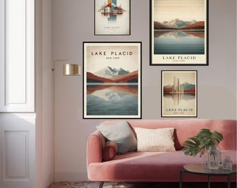 Póster de viaje retro de Lake Placid, Nueva York, impresión artística de pared de las montañas Adirondack, decoración vintage de Mirror Lake, regalo art déco natural del norte del estado de Nueva York