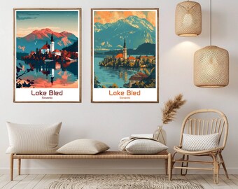 Lake Bled Slovenia Vintage Travel Poster: Home Decor Art Print