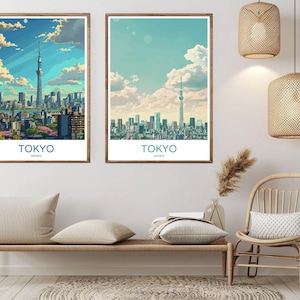 Tokyo Skyline Poster Travel Paper Print Japanese Tokyo Sunset Canvas Vintage Travel Art Poster Wall Japan Illustration Gift