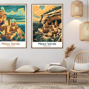 Póster de viaje del Parque Nacional Mesa Verde, impresión en papel, póster de arte de viaje vintage en lienzo del Parque Mesa Verde, Colorado, ilustración de EE. UU., regalo