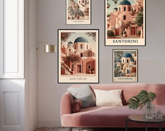 Santorini Greece Boho Travel Poster Art Print, Minimalist Mediterranean Wall Art Decor, Bohemian Greek Gift, Island Home Decor, Oia Art