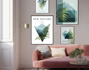 Minimalist New Zealand Travel Print: Mountain & Fern Geometric Art