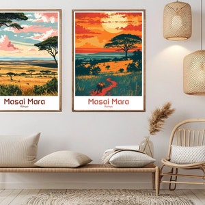 Masai Mara National Park Poster Reise Papierdruck Afrika Masai Mara Safari Leinwand Vintage Reise Kunst Poster Wand Kenia Illustration Geschenk