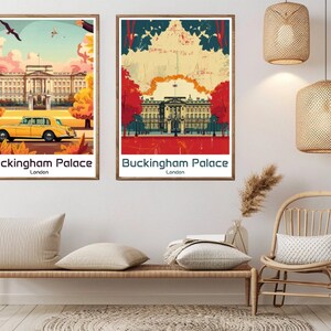 Póster de viaje del Palacio de Buckingham, Londres, lienzo impreso, Inglaterra, Gran Bretaña, póster de pared de viaje vintage, decoración del hogar, ilustración de aventura, regalo