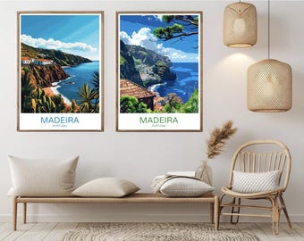 Poster di viaggio dell'isola di Madeira in Portogallo: stampa artistica vintage di Funchal