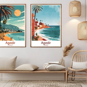 Agadir Marocco Poster Carta da viaggio Stampa Agadir Tamazight Skyline Tela Vintage Travel Art Poster Decorazione da parete Marocco Illustrazione Regalo