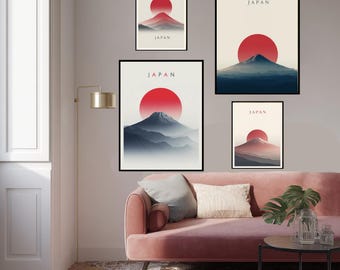 Mount Fuji Art Print: Minimalist Japanese Red Sun Landscape