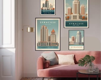 Plakat podróżniczy w stylu retro z Syracuse w Nowym Jorku, wydruk w stylu art déco z motywem Mohawk z Niagary, wystrój vintage w Syracuse w Nowym Jorku, prezent dla architektów z centrum Nowego Jorku