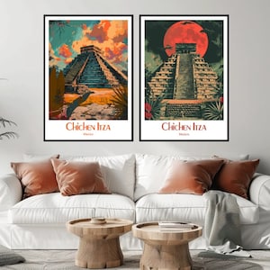 Chichen Itza Mexico Poster Travel Print Mexico Chichen Itza Canvas Vintage Travel Poster Wall Decor Mexico Illustration Gift
