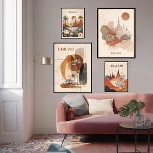 Thailand Temple Poster: Boho Lotus Line Art, Earthy Colors