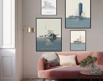 Milwaukee Wisconsin Poster Wisconsin Lake Art USA City Print Travel Wall Decor Scandinavian Minimalist Design
